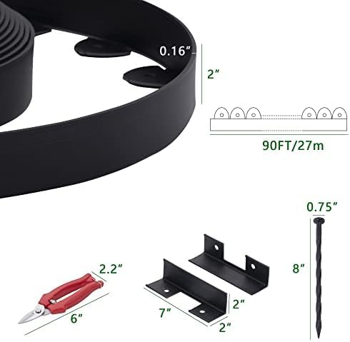 Landscape Edging, 90' 2" Tall Garden Edging with Scissors, Lawn Edging with 108 Garden Spikes and 5 Connectors, Heavy Duty PP&PE Material Edging for Landscaping, Garden, Lawn, Black