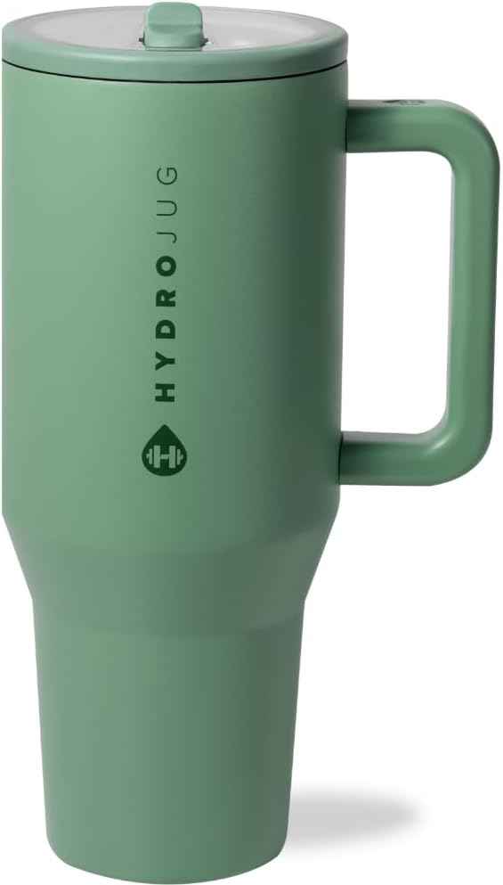 HydroJug Traveler - 40 oz Water Bottle with Handle & Flip Straw - Fits in Cup Holder, Leak Resistant Tumbler-Reusable Insulated Stainless Steel & Rubber Base - Gifts for Women & Men, Sage