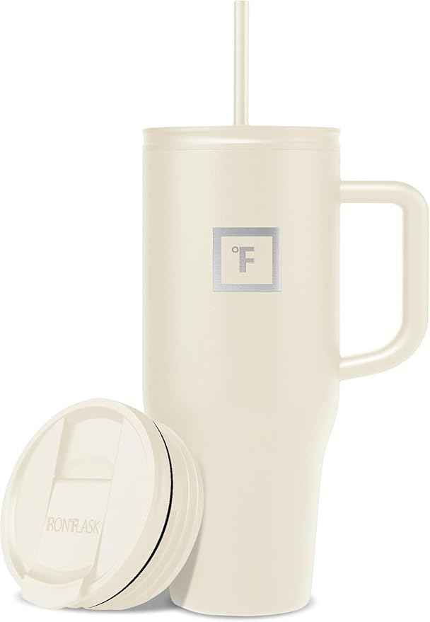 IRON °FLASK Co-Pilot Insulated Mug w/Straw & Flip Cap Lids - Cup Holder Bottle for Hot, Cold Drink - Leak-Proof - Water, Coffee Portable Travel Mug - Cashmere Cream, 32 Oz
