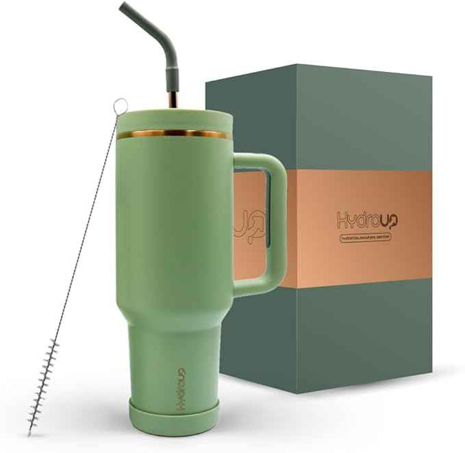 40oz Travel Tumbler Cup with Handle, Two-Way Slider Lid, Stainless Steel Straw with Silicone Tip, Vacuum Insulated Water Bottle for Hot & Cold Drinks, Great Gifts for Mom (Green Gold)