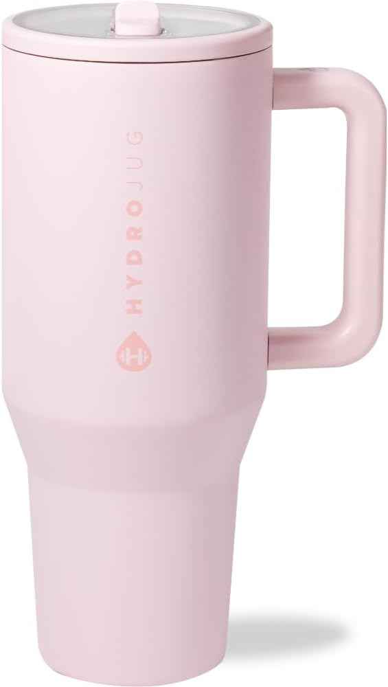 HydroJug Traveler - 40 oz Water Bottle with Handle & Flip Straw - Fits in Cup Holder, Leak Resistant Tumbler-Reusable Insulated Stainless Steel & Rubber Base - Gifts for Women & Men, Pink Sand