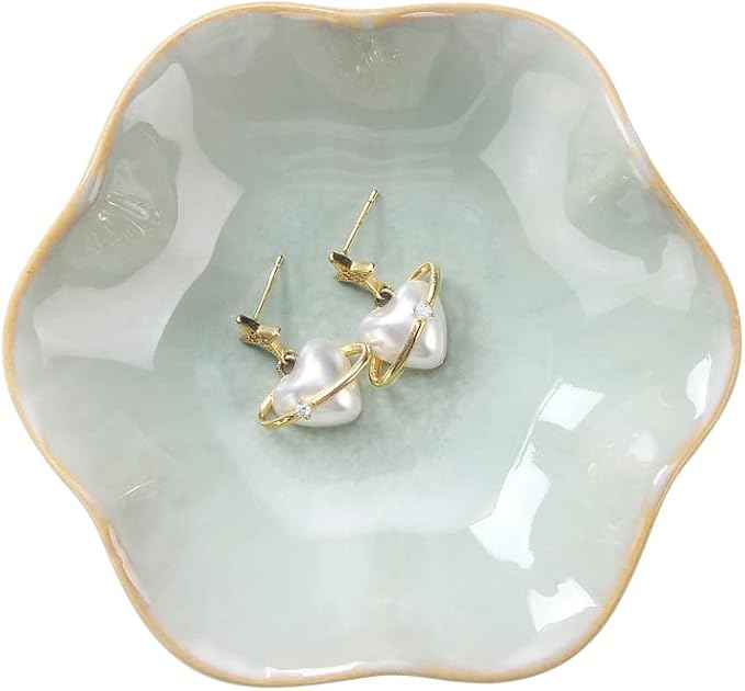 2PCS Ring Holder Dish, Small Key Bowl, Ceramic Trinket Tray Jewelry Dish Organizing Necklace Earrings for Mom Friend Sister, All Jewelries Are NOT Included. Light Green+Crystal Green.…