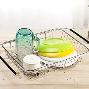 SANNO Large Expandable Dish Drying Rack Dish Rack Drainer with Stainless Steel Utensil Holder Over The Sink Dish Drainer Dish Rack in Sink On Counter