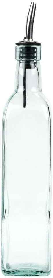 Tablecraft H9085 Glass Oil And Vinegar Cruet, Olive Oil Dispenser With Stainless Steel Spout, Slight Green Tint, 8.5 Ounce