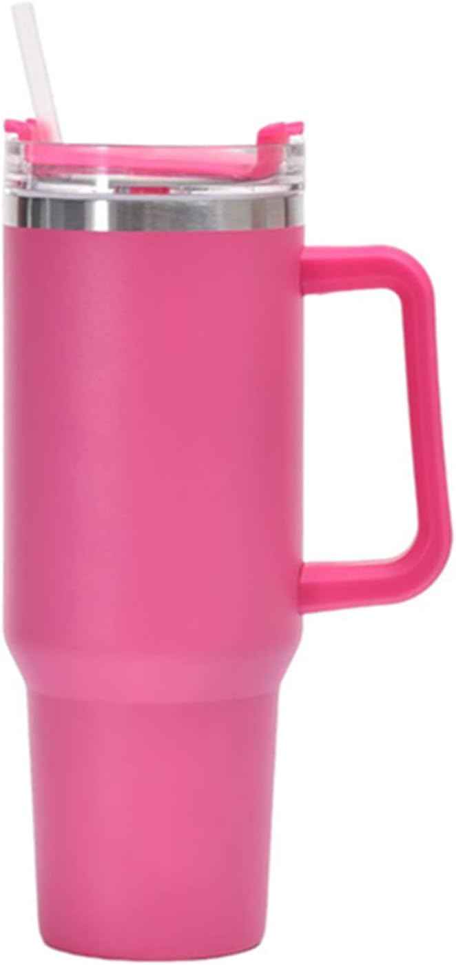 40oz Insulated Travel Mug Tumbler With Handle and Straw,Stainless Steel Double Wall Vacuum Cup Keep Drink Cold and Hot (Rose red)