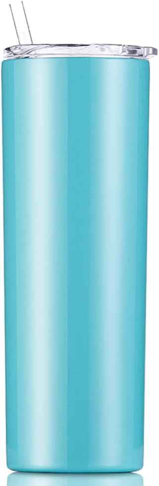 Double Wall 18/8 Stainless Steel Vacuum slim skinny tumbler with straw and lid, insulated travel mug keeping beverage cold and warm (blue, 20oz)