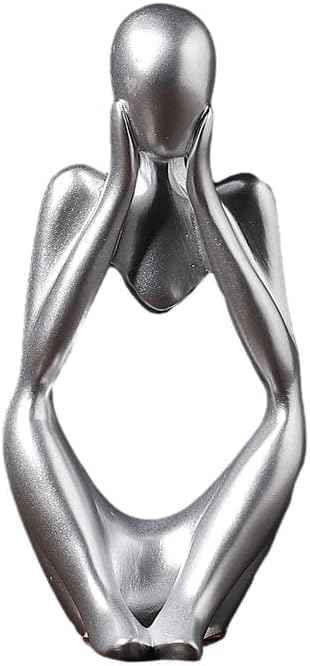 Creative Resin Thinker Minimal Abstract Art Sculpture Statue Figurines Home Office Bookshelf Desktop Decor (Silver, Focus, Small)