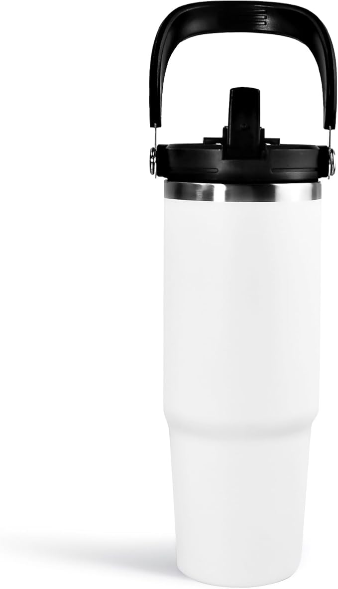 30 oz Tumbler with Handle and Straw Lid, Double Walled Vacuum Insulated Water Bottle Leakproof Tumbler Travel Coffee Mug Thermal Cup, Cupholder Friendly for Office, Home, Sport, White