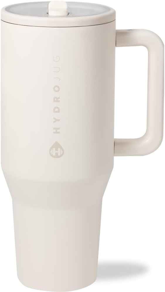 HydroJug Traveler - 40 oz Water Bottle with Handle & Flip Straw - Fits in Cup Holder, Leak Resistant Tumbler-Reusable Insulated Stainless Steel & Rubber Base - Gifts for Women & Men, Cream