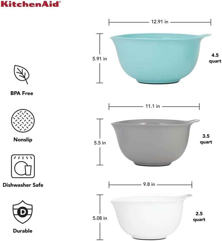 KitchenAid Universal Nesting Plastic Mixing Bowls, Set Of 3, 2.5 quart, 3.5 quart, 4.5 quart, Non Slip Base with Easy Pour Spout to Reduce Mess, Dishwasher Safe, Aqua Sky, White, Gray