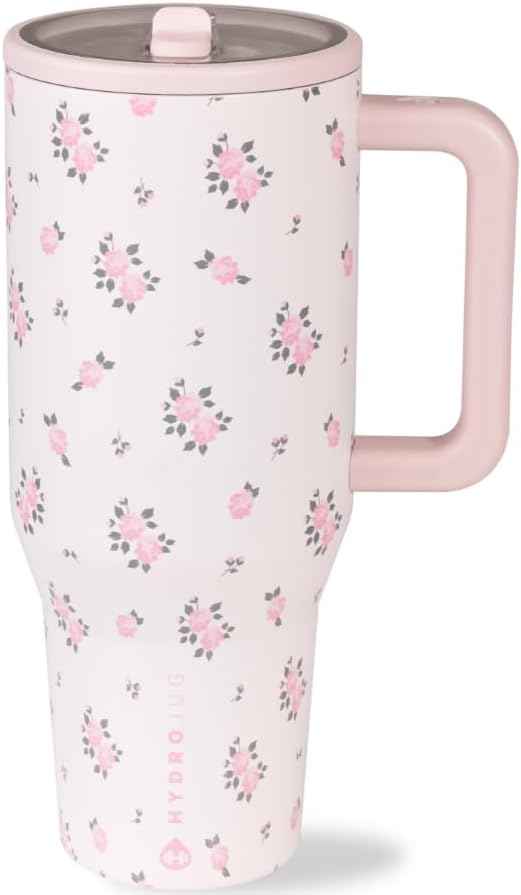 HydroJug Traveler - 32 oz Water Bottle with Handle & Flip Straw - Fits in Cup Holder, Leak Resistant Tumbler-Reusable Insulated Stainless Steel & Rubber Base - Gifts for Women & Men, Wildrose