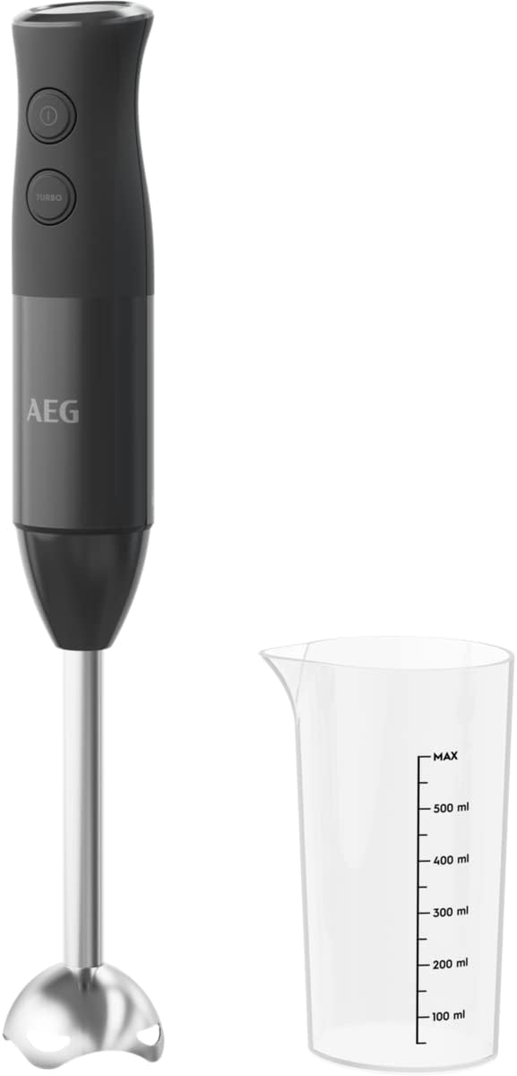 AEG HB4-1-4GG Hand Blender, Power 600 W, 2 Speeds Turbo Function, Includes 0.6 L Cup with Measuring Cup, Dishwasher Safe Cup, BPA-Free, Black