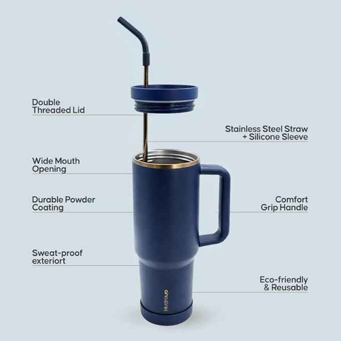 40oz Travel Tumbler Cup with Handle, Two-Way Slider Lid, Stainless Steel Straw with Silicone Tip, Vacuum Insulated Water Bottle for Hot & Cold Drinks, Great Gifts for Mom (Blue Gold)