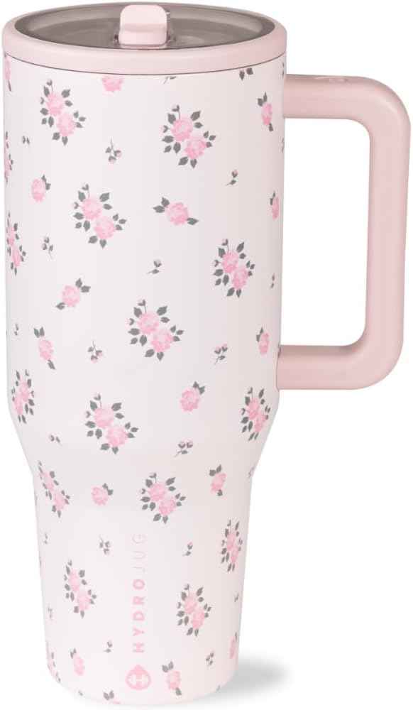 HydroJug Traveler - 40 oz Water Bottle with Handle & Flip Straw - Fits in Cup Holder, Leak Resistant Tumbler-Reusable Insulated Stainless Steel & Rubber Base - Gifts for Women & Men, Wildrose
