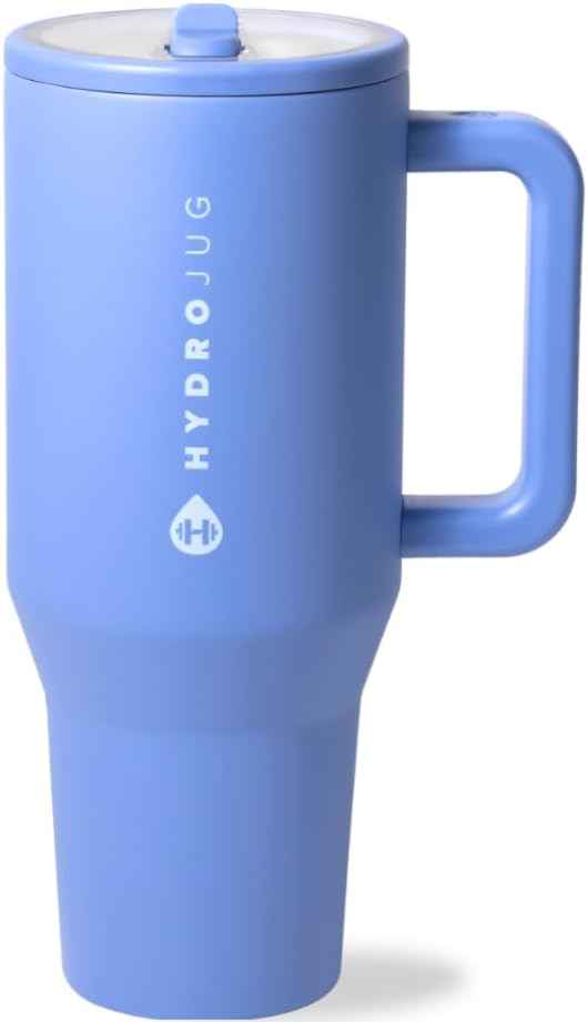 HydroJug Traveler - 32 oz Water Bottle with Handle & Flip Straw - Fits in Cup Holder, Leak Resistant Tumbler-Reusable Insulated Stainless Steel & Rubber Base - Gifts for Women & Men, Light Blue