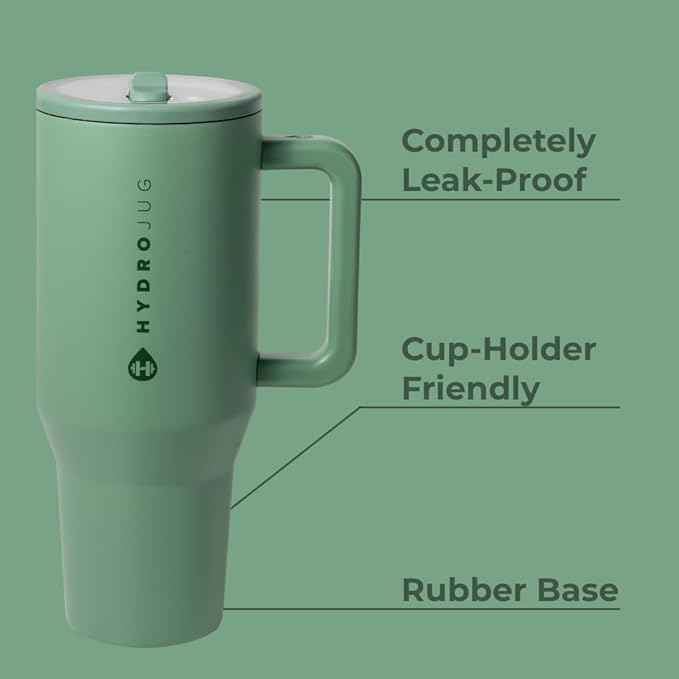 HydroJug Traveler - 40 oz Water Bottle with Handle & Flip Straw - Fits in Cup Holder, Leak Resistant Tumbler-Reusable Insulated Stainless Steel & Rubber Base - Gifts for Women & Men, Sage