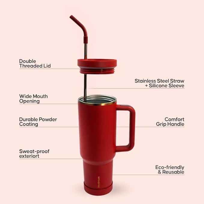 40oz Travel Tumbler Cup with Handle, Two-Way Slider Lid, Stainless Steel Straw with Silicone Tip, Vacuum Insulated Water Bottle for Hot & Cold Drinks, Great Gifts for Mom (Red Gold)