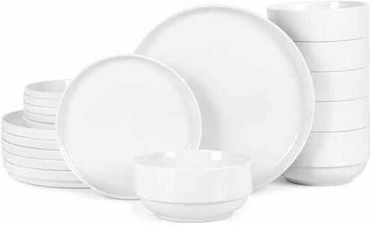 Gibson Home Rothernberg 18-Piece Stackable Porcelain Dinnerware Set, Service for 6 – White Plates and Bowls, Microwave & Dishwasher Safe