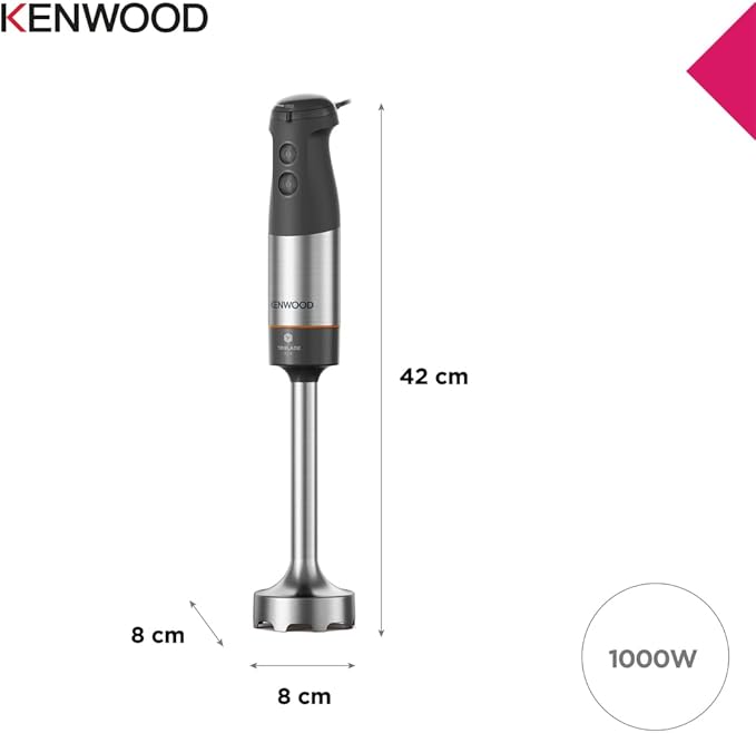Kenwood Triblade XL HBM60.307GY Hand Blender incl. Whisk, Measuring Cup, Potato Press and Mixer, SureGrip Technology, Variable Speed, 1000W Motor