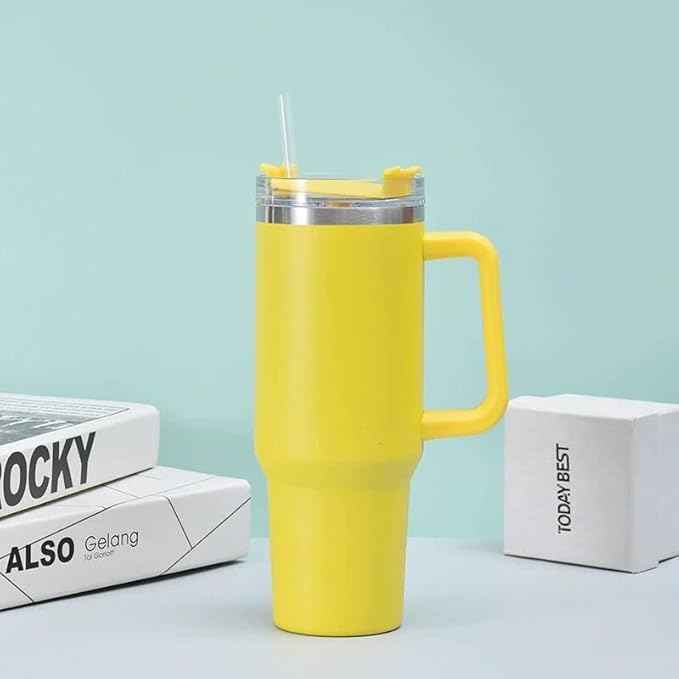 40oz Insulated Travel Mug Tumbler With Handle and Straw,Stainless Steel Double Wall Vacuum Cup Keep Drink Cold and Hot (Yellow)