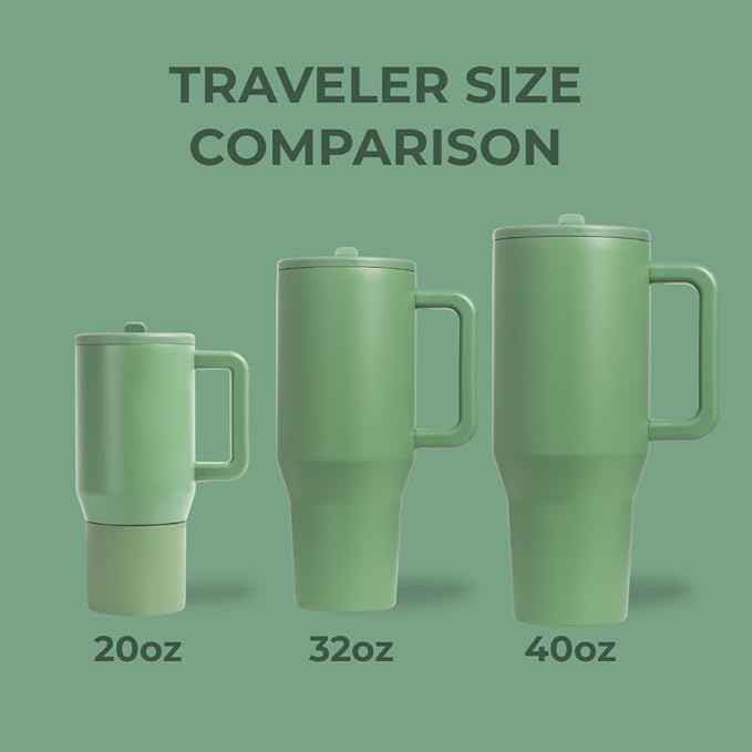 HydroJug Traveler - 40 oz Water Bottle with Handle & Flip Straw - Fits in Cup Holder, Leak Resistant Tumbler-Reusable Insulated Stainless Steel & Rubber Base - Gifts for Women & Men, Sage