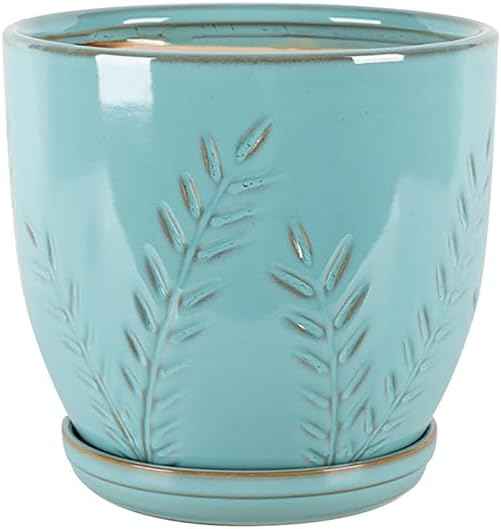 Aspen & Fig Aqua Blue 8 Inch Indoor Ceramic Plant Pot with an Attached Saucer and Drainage Hole for House Plants, Herbs, Flowers, Succulent Plants, Snake Plants, Gifts for Mom, Standard Pot