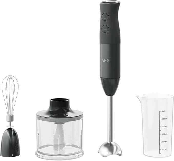 AEG HB4-1-6GG hand blender, including 2 stainless steel blades, comprehensive accessories, BPA-free, 2 speed settings, turbo function, dishwasher safe, brushed stainless steel / grey