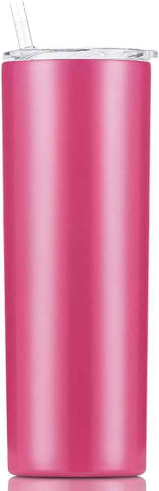 Double Wall 18/8 Stainless Steel Vacuum slim skinny tumbler with straw and lid, insulated travel mug keeping beverage cold and warm (rose pink, 20oz)