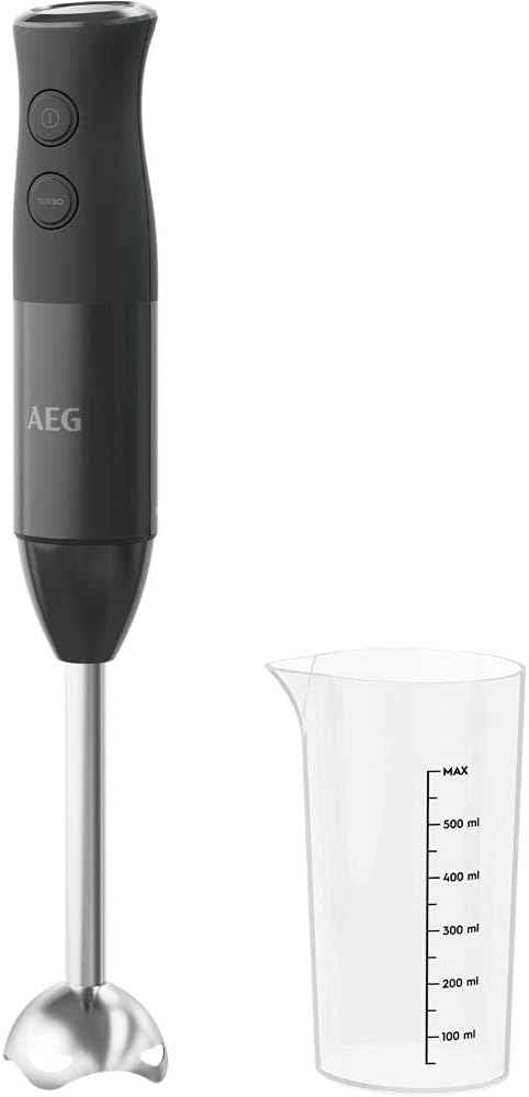 AEG HB4-1-6GG hand blender, including 2 stainless steel blades, comprehensive accessories, BPA-free, 2 speed settings, turbo function, dishwasher safe, brushed stainless steel / grey