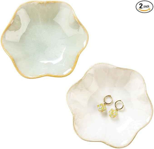 2PCS Lotus Leaf Shape Ring Holder Dish, Small Key Bowl, Ceramic Trinket Tray Jewelry Dish Organizing Necklace Earrings for Mom Friend Sister, All Jewelries Are NOT Included.White+Light Green.
