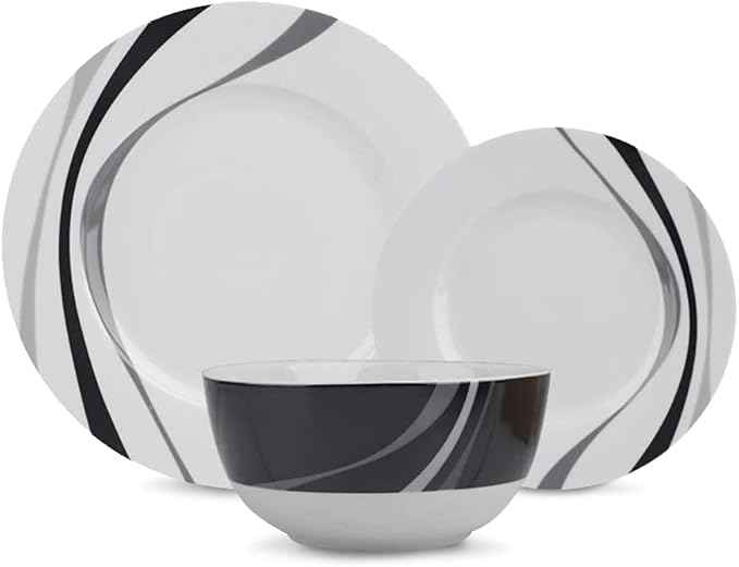 Amazon Basics 18-Piece Complete Kitchen Dinnerware Set, Microwave and Dishwasher Safe, Plates, Dishes, Bowls, Swirl, Heat Resistant, Service for 6, Everyday Use