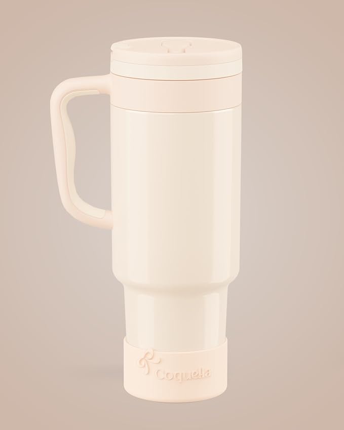 40 oz Insulated Tumbler with Handle and Push-Button Straw Lid, Stainless Steel Travel Cup for Gym Office, Leakproof, BPA-Free, Cup Holder Friendly, Bow Silicone Boot, Cream (Cloudy Cream)