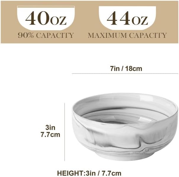 MALACASA Large Soup Bowls Set, 44 OZ (7") Salad Bowls Cereal Bowls Set of 2,Marble Grey Ceramic Bowls for Kitchen, Dishwasher & Microwave Safe, Series REGULAR