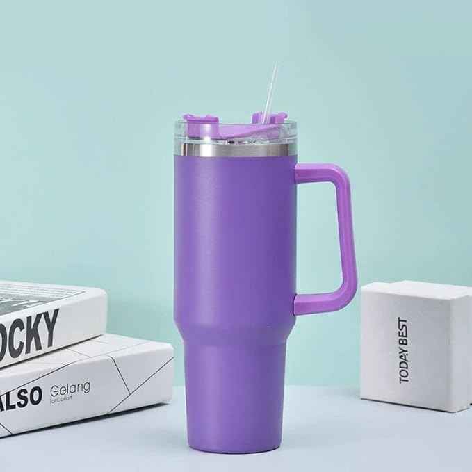 40oz Insulated Travel Mug Tumbler With Handle and Straw,Stainless Steel Double Wall Vacuum Cup Keep Drink Cold and Hot (Purple)