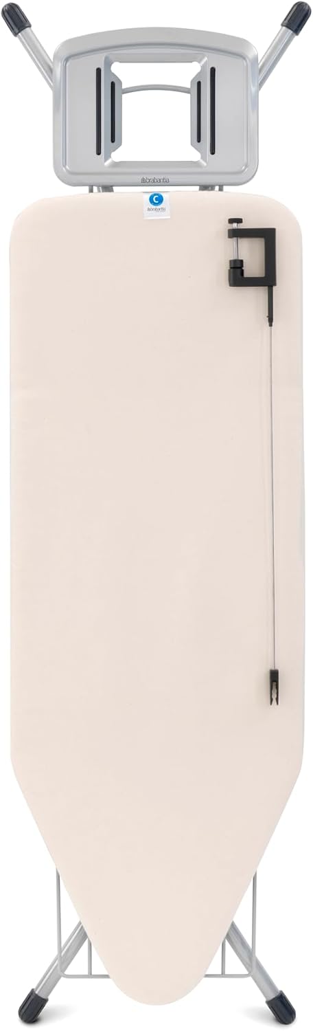 Brabantia Size C Ironing Board (49 x 18in) 7 Height Options, Solid Steam Iron Rest Holder & Linen Rack & Cord Holder (Ecru) Non-Slip Feet, Anti-Collapse Child Locks