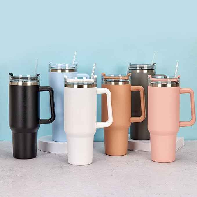 40oz Insulated Travel Mug Tumbler With Handle and Straw,Stainless Steel Double Wall Vacuum Cup Keep Drink Cold and Hot (Light blue)