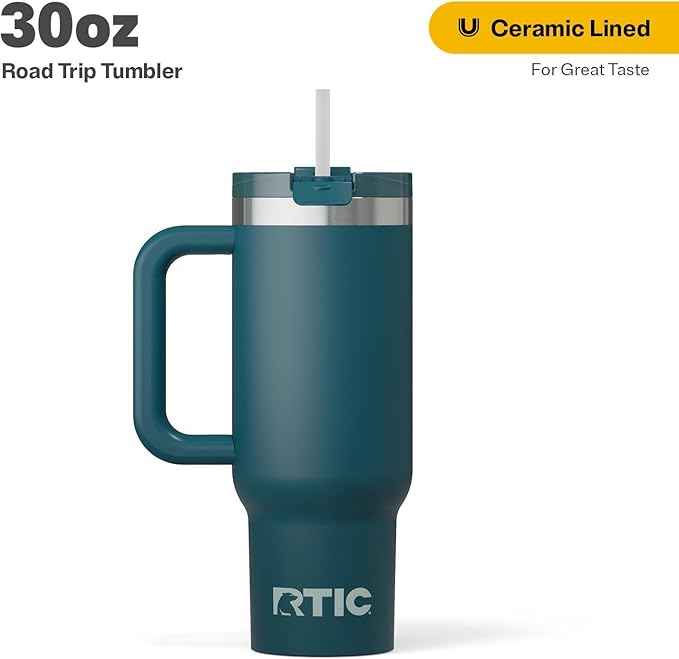 RTIC 30 oz Road Trip Tumbler Double-Walled Ceramic Lined InsulatedStainless Steel Portable Travel Coffee Mug Cup with Lid, Handle and Straw, Marine