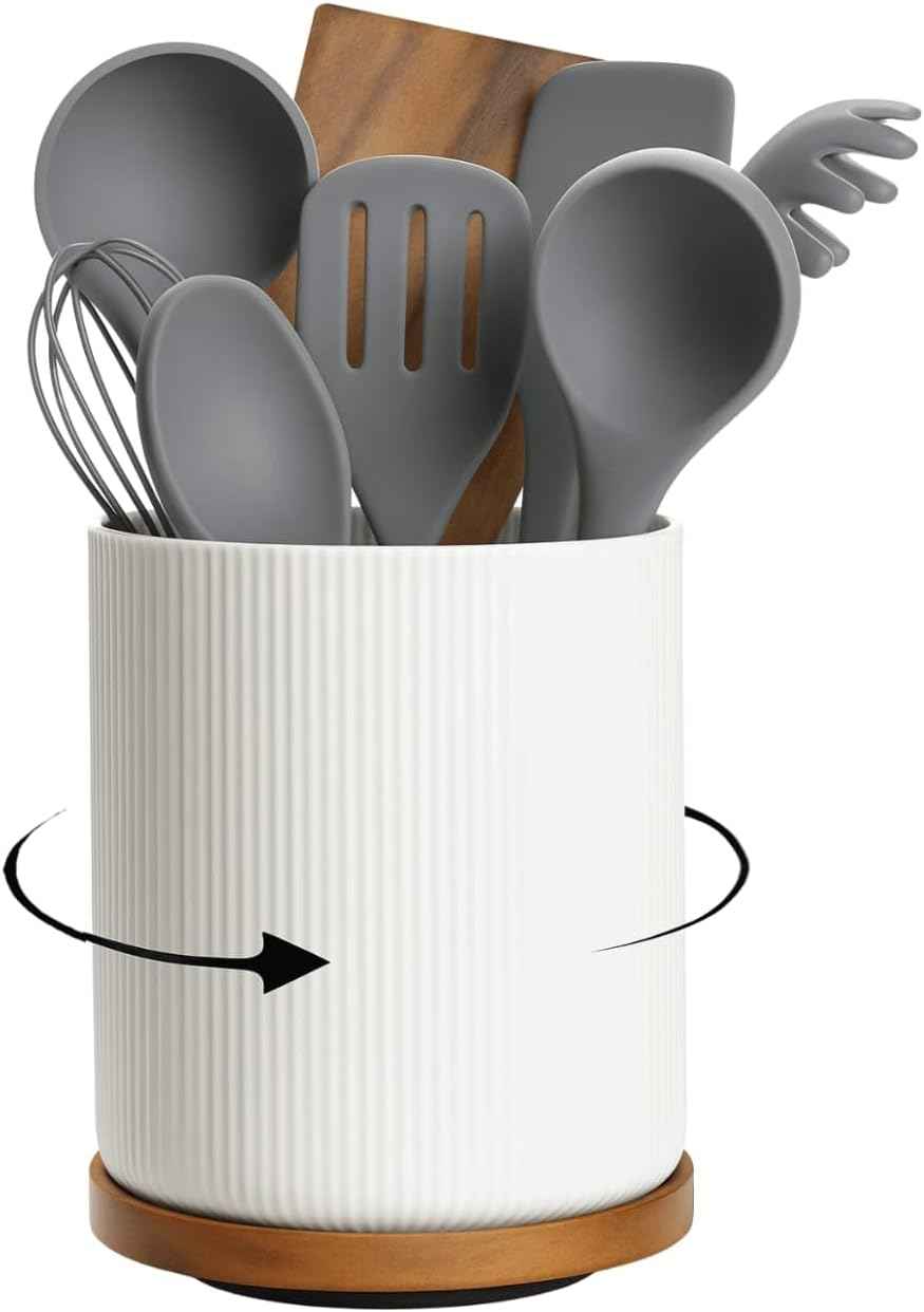 Utensil Holder, 360° Rotating Extra Large Ceramic Kitchen Utensil Holder for Countertop 7.3“ Cooking Utensil Crocks for Kitchen Counter with Rotatable Wooden Base, Farmhouse Decor, White