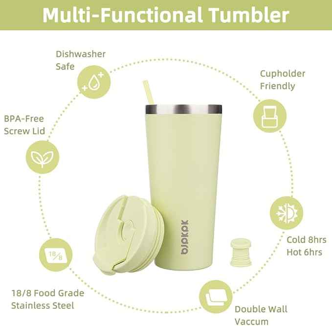 BJPKPK 22oz Insulated Tumbler With lid And Straw Stainless Steel Tumblers Travel Coffee Mug Reusable Thermal Cup,Macaron Green