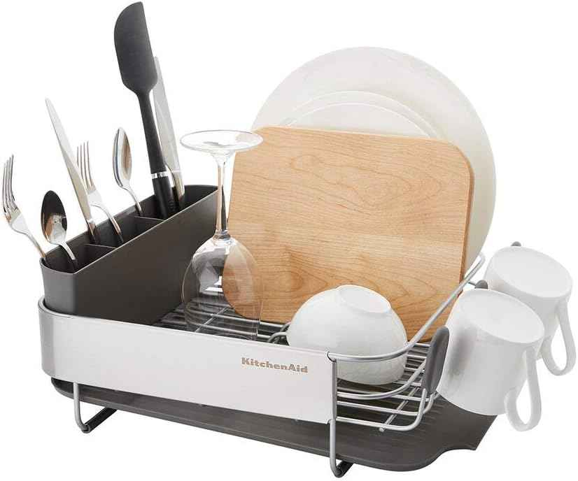 KitchenAid Compact, Space Saving Rust Resistant Dish Rack, with Angled Self Draining Drain Board and Removable Flatware Caddy, 16.06-Inch, Gray