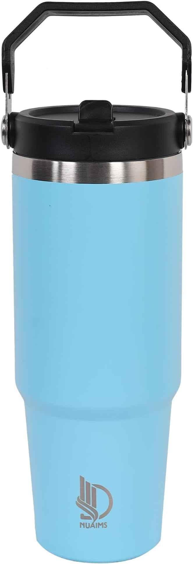 30oz Stainless Steel Insulated Water Tumbler with Handle | Secure Twist Lid & Flip Straw | Leak-Proof, BPA-Free IceFlow Inspired Design (light sky blue)