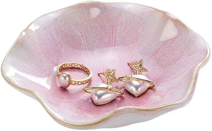 2PCS Lotus Leaf Shape Ring Holder Dish, Small Key Bowl, Ceramic Trinket Tray Jewelry Dish Organizing Necklace Earrings for Mom Friend Sister, All Jewelries Are NOT Included.Pink+Light Green.…