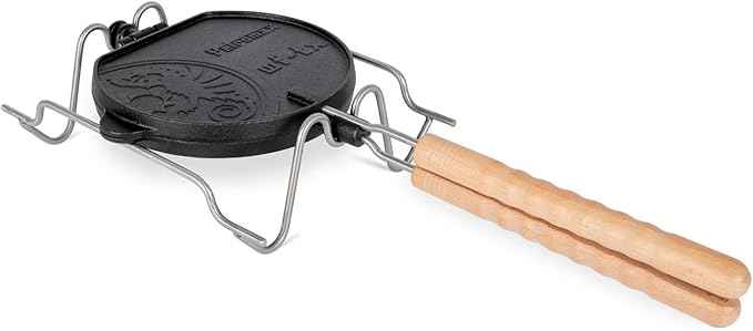 Petromax Rotating Waffle Iron with Turning Stop Frame, for Heart Shaped Waffles When Camping, Cast Iron with Wood Handles