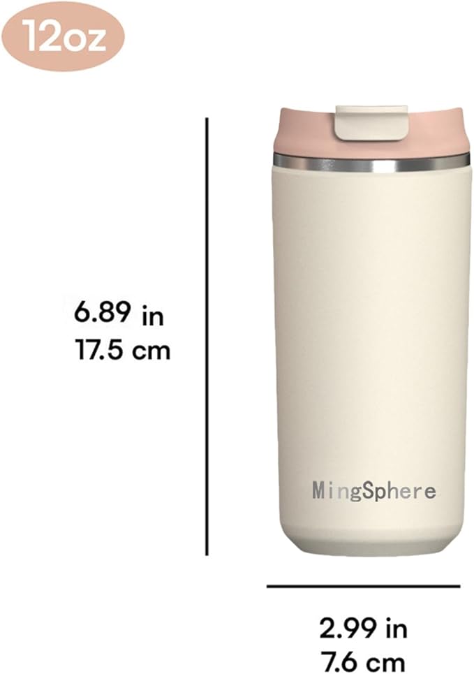 Travel Coffee Mug with Lid, 12 oz Insulated Tumbler, Leak Proof Stainless Steel Cup, for Hot Coffee, Iced Tea & Water, BPA Free, Car Cups Holder Friendly, Beige