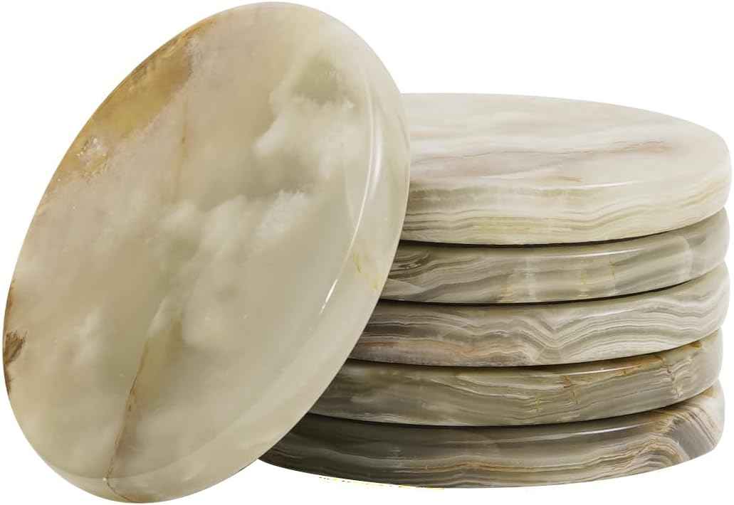 Marble Coasters Green Onyx 3.5 Inch Round Handmade Set of 6 Drink Coaster for Tabletop & Coffee Table Decor, Ideal Coaster Set for Drink