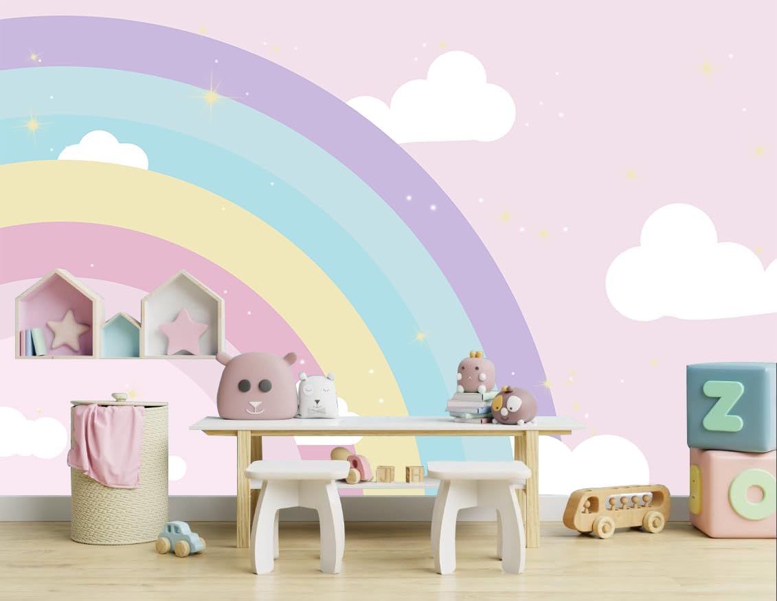 WFBHUA-Rainbow Cloud Wallpaper Mural Kids Bedroom Pink Wallpaper for Girls Room Baby Room (Not Peel and Stick)