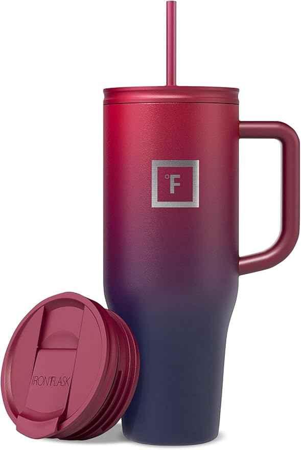 IRON °FLASK Co-Pilot Insulated Mug w/Straw & Flip Cap Lids - Cup Holder Bottle for Hot, Cold Drink - Leak-Proof - Water, Coffee Portable Travel Mug - Dark Rainbow, 40 Oz