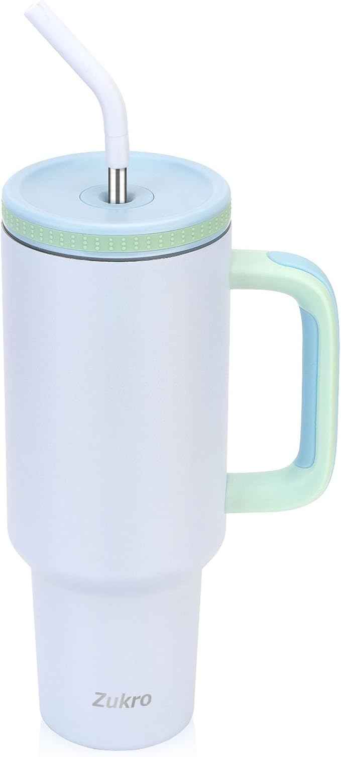 Zukro 40 oz Tumbler with Handle and Straw, Screw on Lid with Wide Straw Hole, Insulated Stainless Steel Cup Fits in Cupholder for Travel - No Sweat & Keep Drinks Cold - Dishwasher Safe & BPA Free