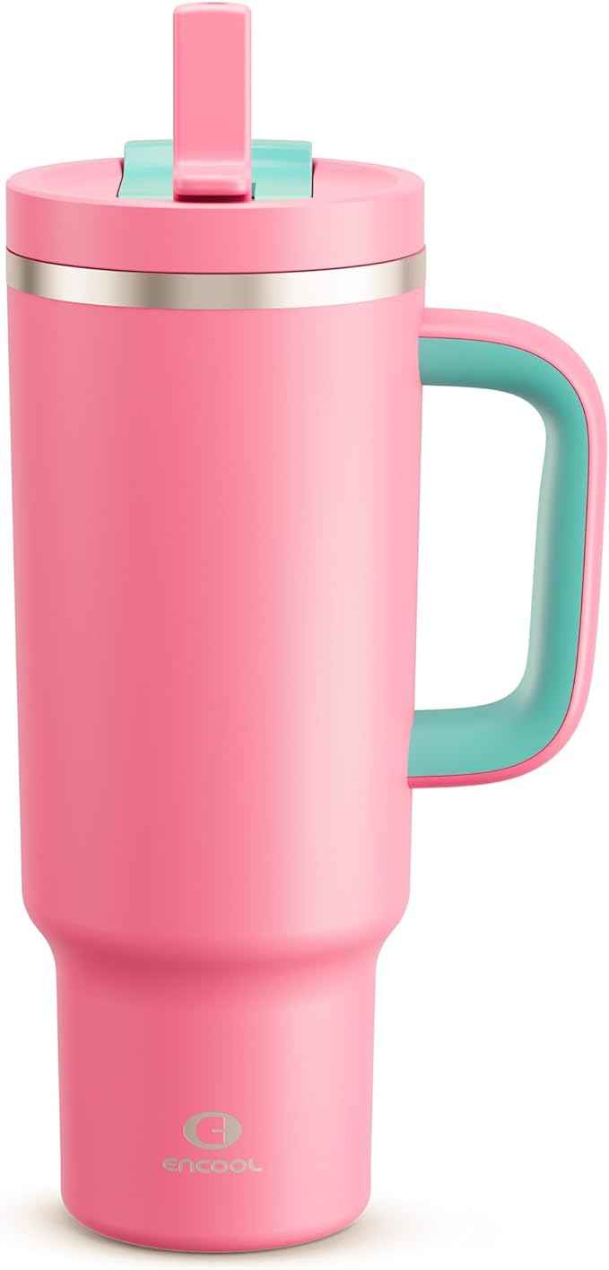 ENCOOL 40 oz Tumbler with Handle and Straw: Stainless Steel Insulated Tumbler Keeps Cold for 24 Hours, Leakproof Travel Cup Fits in Cup Holder and BPA-Free,Tulip