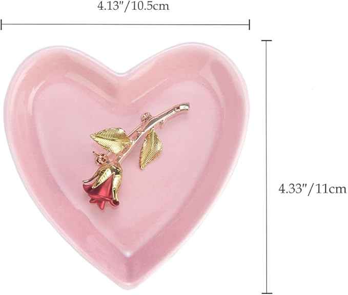 JAMEND CLXP Pink Heart Jewelry Tray, Engagement Wedding Ring Dish Earring Holder for Newlyweds, Sweet Gift for Women, Ceramic. NO ROSE.